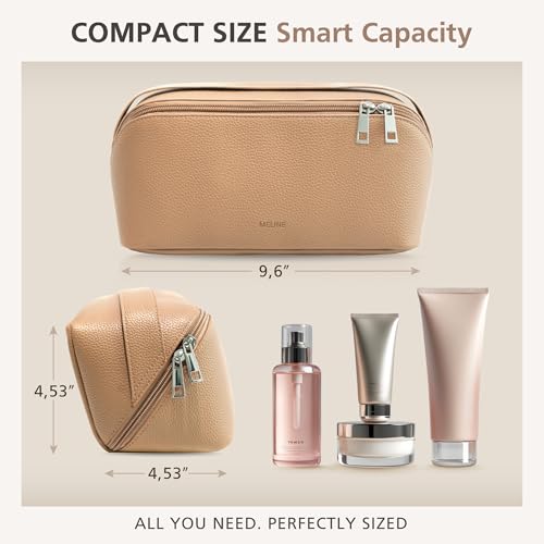 MELINE Travel Makeup Bag ? Large Capacity Cosmetic and Toiletry Organizer with Divider and Handle, Waterproof Flat-Open Design, Portable Pouch for Women (Taupe)