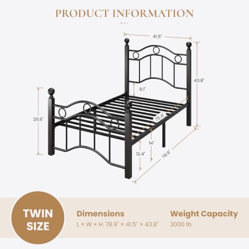 Twin Size Metal Bed Frame Victorian Style Black - Reinforced Steel Support