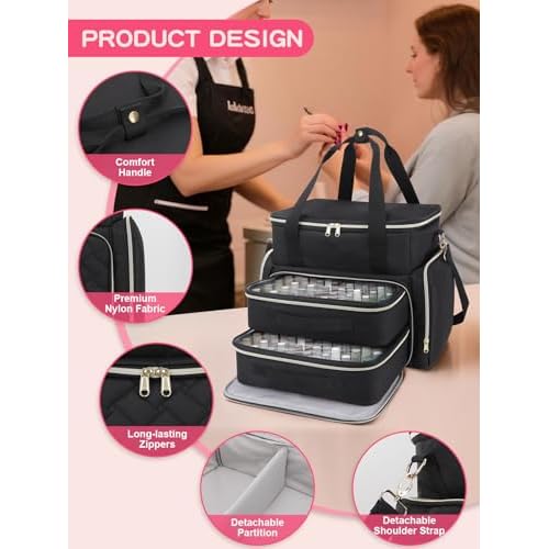 Nail Polish Organizer Case Holds 96 Bottles (15ml/0.5 fl.oz) and a Nail Dryer,Gel Polish Case Bag with 2 Removable Pouches,Nail Supplies Organizer for Nail Technicians & DIY Manicure Lovers,Black
