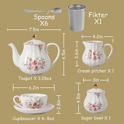 Rose Flower Porcelain British Royal Tea Set for 6 with Teapot & Accessories