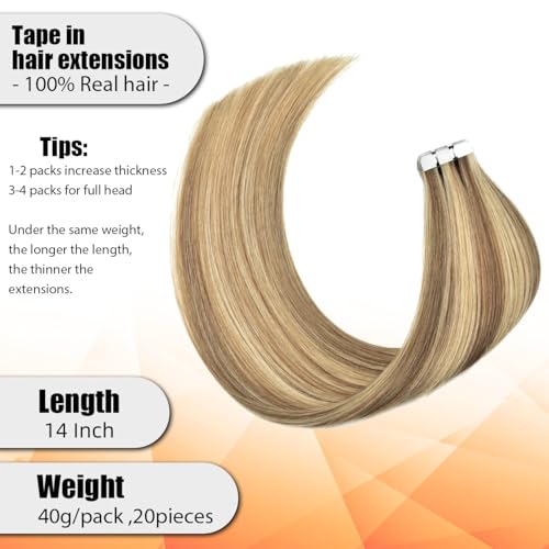 Tape In Hair Extensions Straight Skin Weft 14 Inch - Camel Brown Mix with Blonde - 20 Pieces