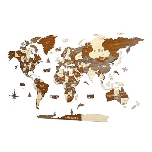 Multilayer 3D Wooden World Map Wall Decor - Travel & Office Gift, Mixed, 39.4 x 21.3 inches