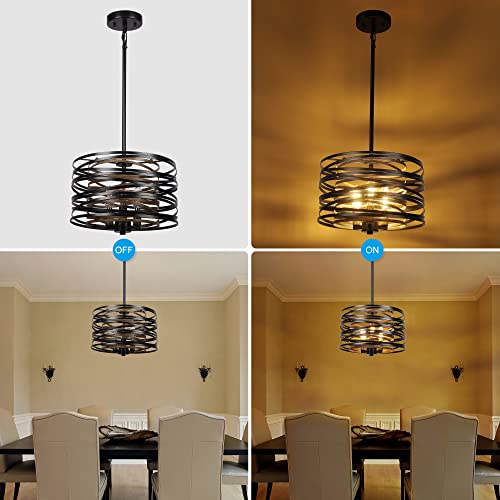 12.6-Inch Farmhouse Chandelier with Retro Wood Texture and 3 Lights - Black Pendant Light for Dining Room Kitchen Foyer