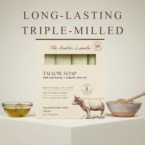 THE RUSTIC LANDS Natural Tallow Soap Bars Set of 4 - Grass Fed Beef Tallow with Raw Honey & Olive Oil - Made in the USA Soap for Sensitive Skin, Moisturizing Bath & Body, 5oz Each
