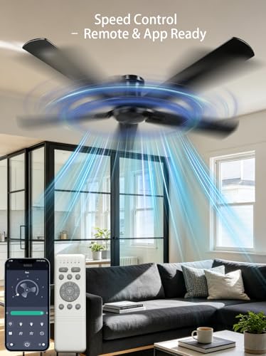 Matte Black 48-Inch Ceiling Fan No Light - Low Profile Flush Mount, 6-Speed Reversible Outdoor Fan with Remote & App Control
