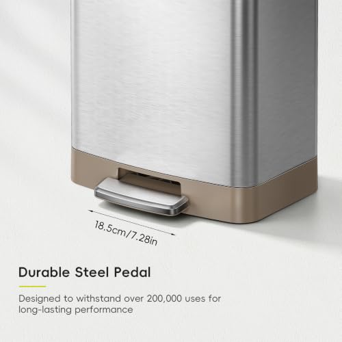 EKO Hudson Matte Stainless Steel Step Trash Can 50L with Rear Bag Storage
