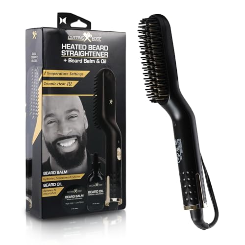 Cutting Edge Heated Beard Straightener Brush for Men, Includes Beard Oil & Beard Balm, Ceramic Heated Brush, Auto Shutoff, Beard Straightening Hot Comb Tool for Men