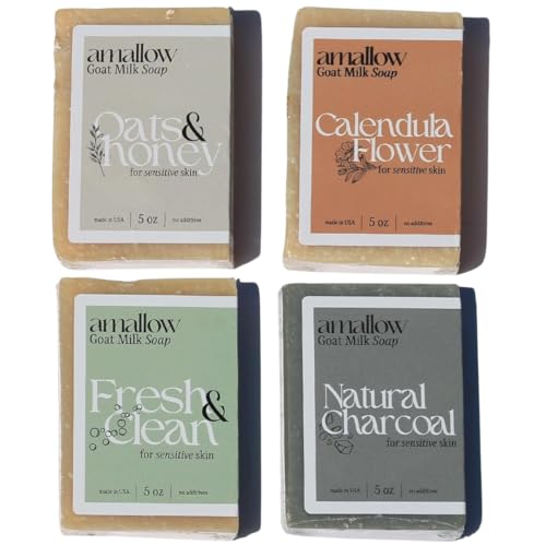 Amallow Goat Milk Soap Bars Variety Pack - Hand Made Organic Dry Skin Relief - 4 x 5 OZ