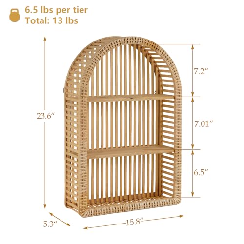 3-Tier Rattan Wall Shelf - Boho Arch Hanging Floating Shelf for Living Room & Bathroom