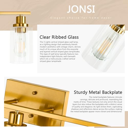 Jonsi 3-Light Brushed Gold Bathroom Vanity Light with Fluted Glass Shades - 23.5 Inch