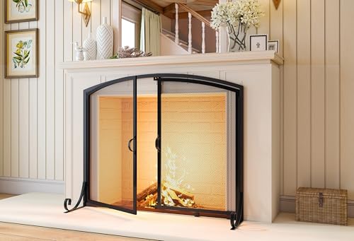 Large Fireplace Screen with Double Doors - Heavy Duty Steel, Black, Childproof, 37.8"W x 30.7"H