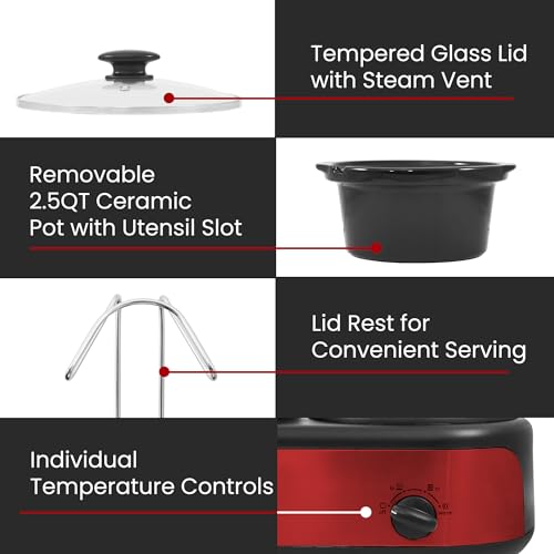 Elite Gourmet Triple Slow Cooker Buffet Set - 3 x 2.5 Qt Red with Removable Stoneware