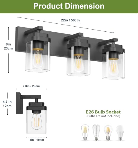 LKHF 22-inch Black 3-Light Bathroom Vanity Light Fixture Over Mirror, Modern Square Design