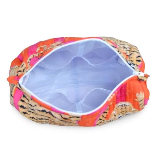 Quilted Cotton Tiger Print Travel Toiletry Bags, Cosmetic Organizer Set, Pink and Orange