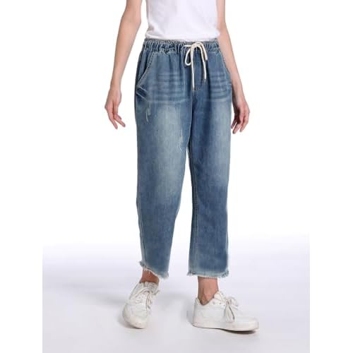 Lavnis Women's Cropped Jeans Cotton Loose Denim Pants Casual Elastic Waist Ripped Jean Joggers