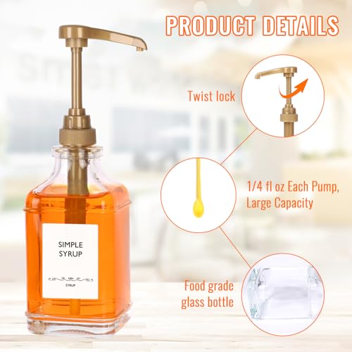 Gold Pump 4-Pack 16oz Coffee Syrup Dispenser Set Leak-Proof Glass Bottles