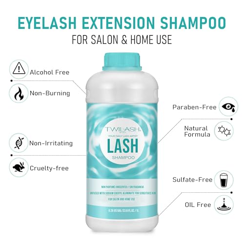 Unscented 1L Lash Shampoo for Extensions - Gentle Eyelash Cleanser, Safe Makeup Remover, Professional & Home Use