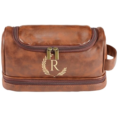 Personalized Leather Toiletry Bag For Men, Engraved Initial Travel Toiletry Bag for Men, Travel kit for Him, Ideal Gift for Him Dad Father Son Husband Grandpa Lover Christmas Anniversary Birthday(R)