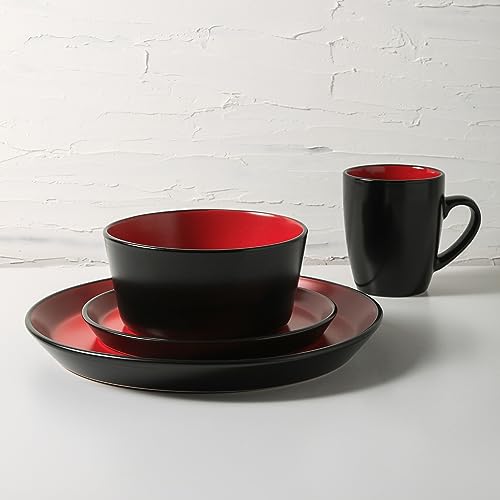 Stoneware Dinnerware Set for 4 - 16 Pieces, Red & Black, Modern Design