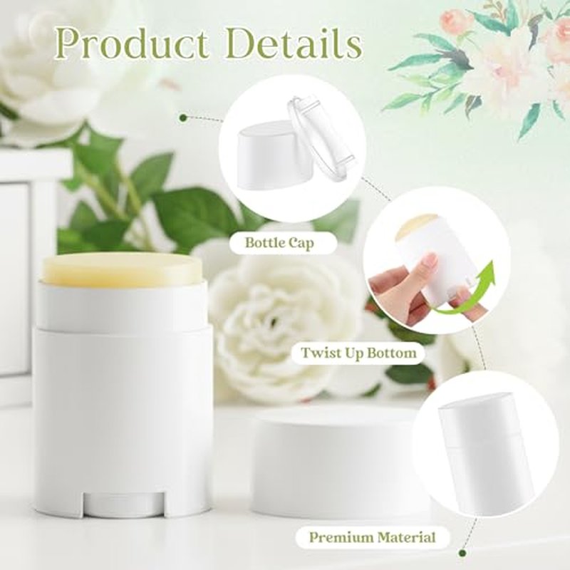 50 Pack White Empty Deodorant Containers, 30ml/1oz, Bottom Filling, Refillable Deodorant Tubes Lipstick Balm Tubes Twisted, Plastic Oval for Homemade DIY Aromatherapy, Balm, Lotion