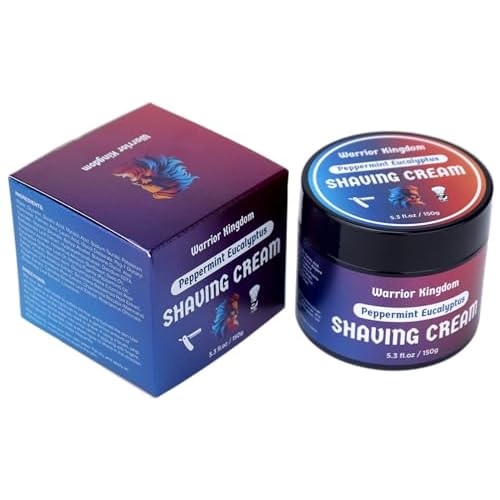 Warrior Kingdom Shaving Cream - Peppermint Eucalyptus. Refreshing Scent. Rich Creamy Lather for the Smoothest Shave. For face, head and body. Gentle, non irritating formula for all skin types.