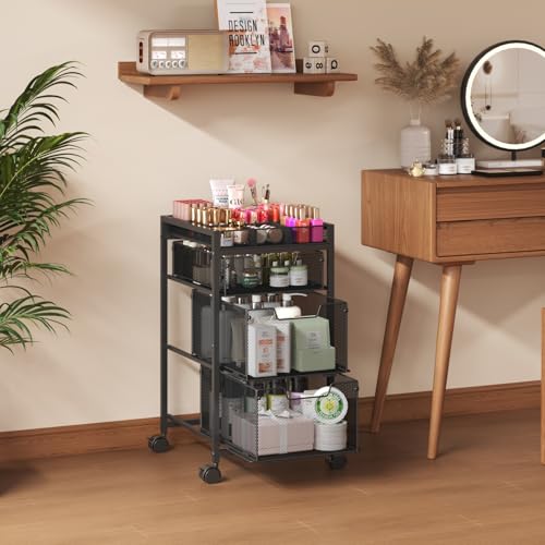 JKsmart Rolling Makeup Cart Organizer with 3 Drawers, Cosmetics Display with Dividers, Floor Skincare Storage with Wheels, Versatile Vanity Organizer for Nail Polish Perfume Brush Hair Tool, Black