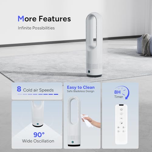 22-Inch Bladeless Tower Fan with Remote, 8 Speeds, Oscillation & Timer - White