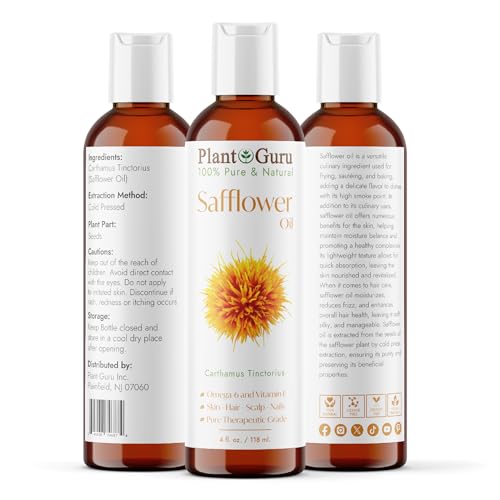 Plant Guru Safflower Oil 4 fl. oz. ? Cold Pressed, 100% Pure & Natural Carrier for Skin, Face, Body, Hair, and Cooking. Great for DIY Creams, Lotions, and Lip Balms.