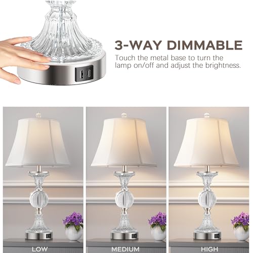 Glass Table Lamps Set of 2 - Modern Dimmable Touch Nightstand Lamps with USB - Brushed Silver & Clear