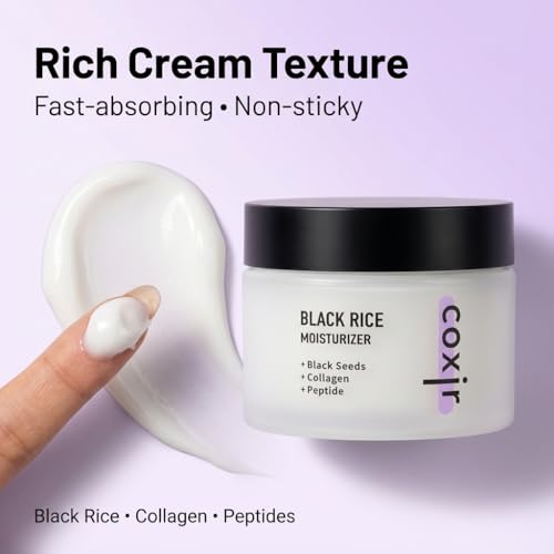 coxir Black Rice Moisturizer Face Cream, Hydrating Korean Moisturizer with Niacinamide, Collagen & Peptide Complex, Radiance, Barrier Support, Lightweight Non-Greasy(1.69 fl oz)
