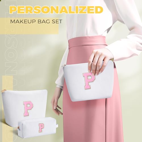 White Makeup Bag and Cosmetic Pouch Set - Personalized Initials Gift for Teen Girls Women