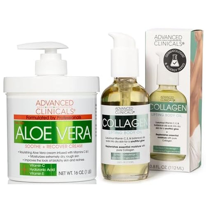 Advanced Clinicals Aloe Vera Skin Repair Cream + Collagen Lifting Body Oil Set