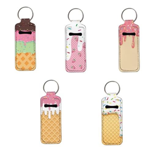 Clip-on Lip Blam Holder Sleeves Ice Cream, Cute Chapstick Holder Keychain, 5 Packs Lip Balm Pocket with 5 Keyring for Women Girls