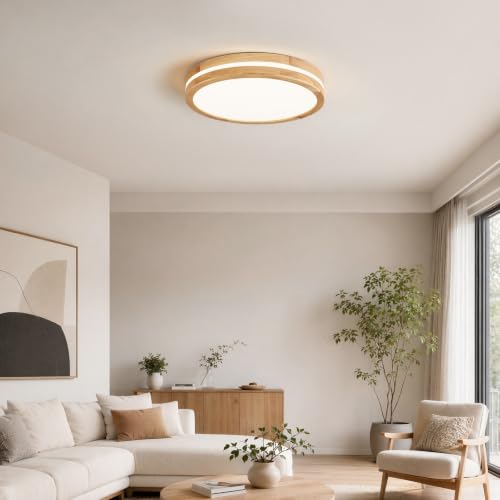 Dimmable LED Wood Flush Mount Ceiling Light 15.74in - Modern Round Fixture for Bedroom Kitchen Hallway