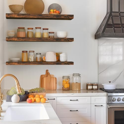 Rustic Brown Floating Shelves Set of 3 - 35.4-inch Wall Mount Wood Shelves - Americana Farmhouse Style