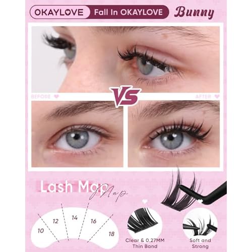 OKAYLOVE Bunny Lash Clusters Kit, 8-18mm Wipsy Lashes Cluster Eyelash Extensions Kit, 120pcs CC Curl Natural Individual Lashes Clear Band Manga Eyelashes Clusters with Bond and Seal, Remover, Tweezers
