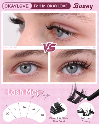 OKAYLOVE Bunny Lash Clusters Kit - 8-18mm Wispy Eyelash Extensions for Natural, Anime & Cosplay Looks