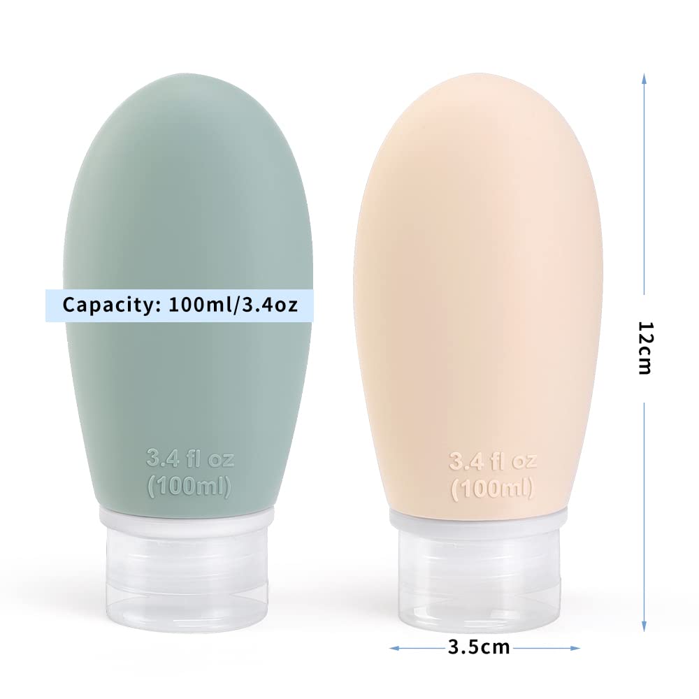 3.4 oz Silicone Travel Bottles for Toiletries, 4 Pack TSA Approved BPA Free Containers Set Leak Proof Refillable Squeezable Travel Accessories for Shampoo Conditioner Lotion Gray white blue green