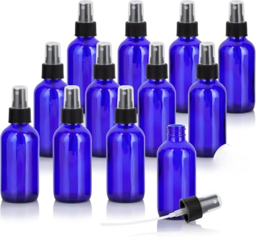12 Pack 4 oz Blue Glass Spray Bottles with Fine Mist Pump - Refillable & UV Protected