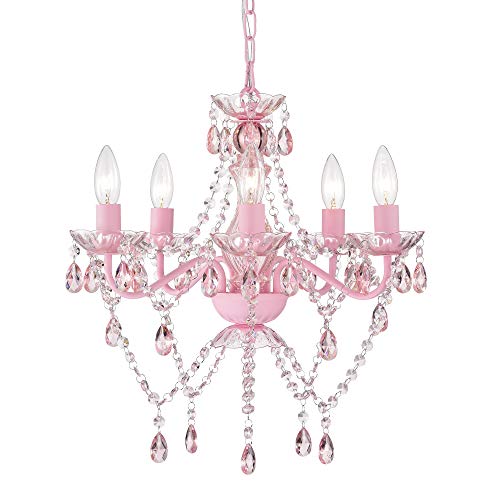 Pink Crystal Chandelier for Girls Bedroom - 5-Light Ceiling Fixture, Adjustable Height