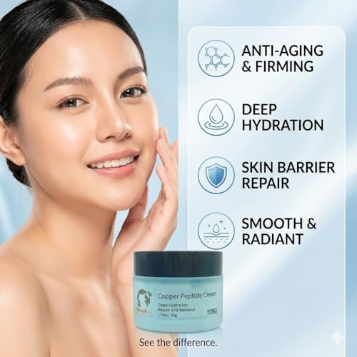 Blue Copper Peptide Face Cream with Acetyl Hexapeptide-8 & Ectoin - Anti-Aging Daily Moisturizer for Fine Lines & Wrinkles - Firming, Hydrating & Barrier Repair Skin Care - 1.7 oz
