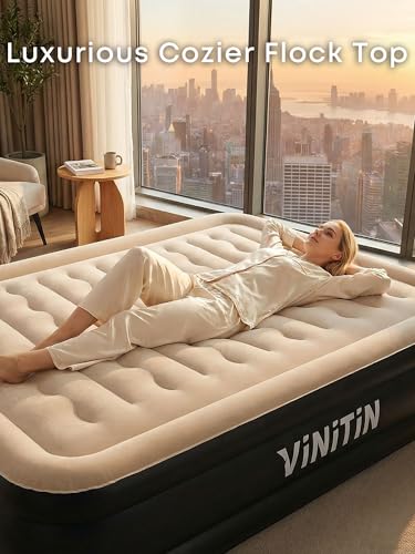 Vinitin Queen Air Mattress with Built-in Pump - Black, 16" Elevated Inflatable Bed for Home & Guests