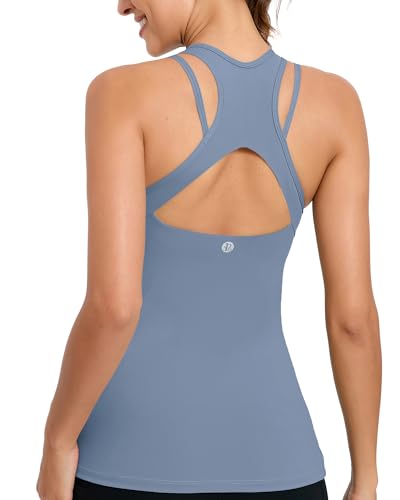 B-light Blue Running Girl Tank Top with Built-In Bra - Small Women's Athletic Yoga Top