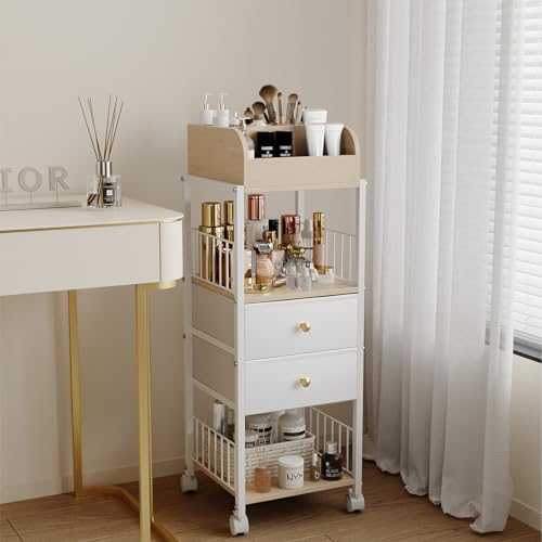 White Floor Makeup Organizer with Drawers and Rolling Casters - ZQUYAJ HZG2402