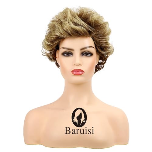 Short Fluffy Brown & Blonde Wigs for Women Natural Look Synthetic Curly Hair with Bangs
