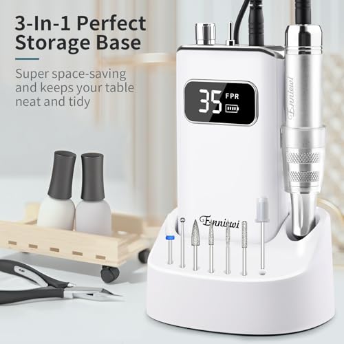 Enniewi White Cordless Electric Nail Drill Kit with 7 Bits & Rechargeable Base