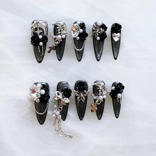 Luxury Long Stiletto Press-On Nails with Black Roses - S Black Rose Variation
