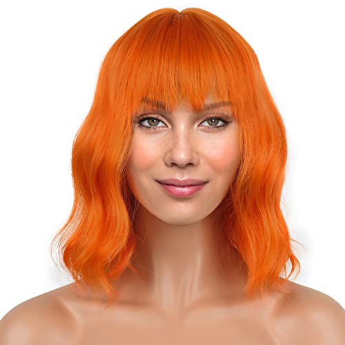 LANICE Short Wavy Cosplay Wigs with Bangs - Orange, 12 Inch Synthetic Hair for Women