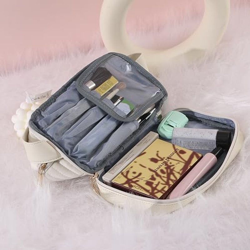 Initial Makeup Bag Monogrammed Double Layer Cosmetic Bag Velvet Travel Toiletry Bag Large Cpacity Makeup Pouch Portable Makeup Organizer Cosmetic Brush Bag Case (D, White/Pink)