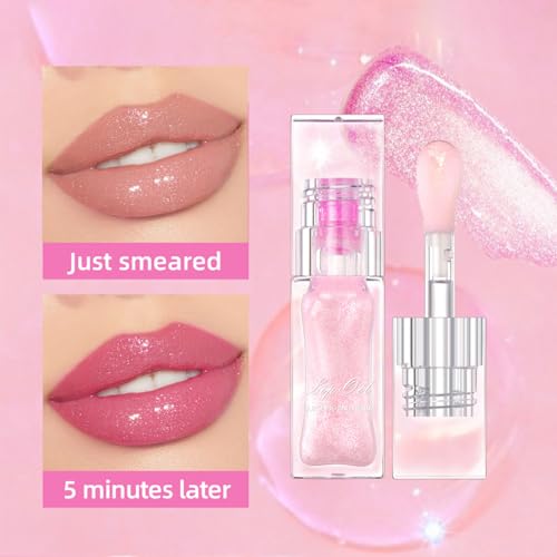 Magic Color Changing Lip Oil with Big Brush - Shimmer Glossy Non-Sticky Plumping Lip Balm, 6.5g Hydrating Long-Lasting Lip Care